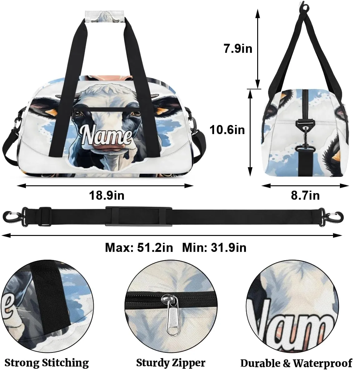 Cow Animal Custom Name Sport Duffel Bag Dance Bag for Girls Teens Personalized Ballet Bag Gift for Birthday Christmas Helloween