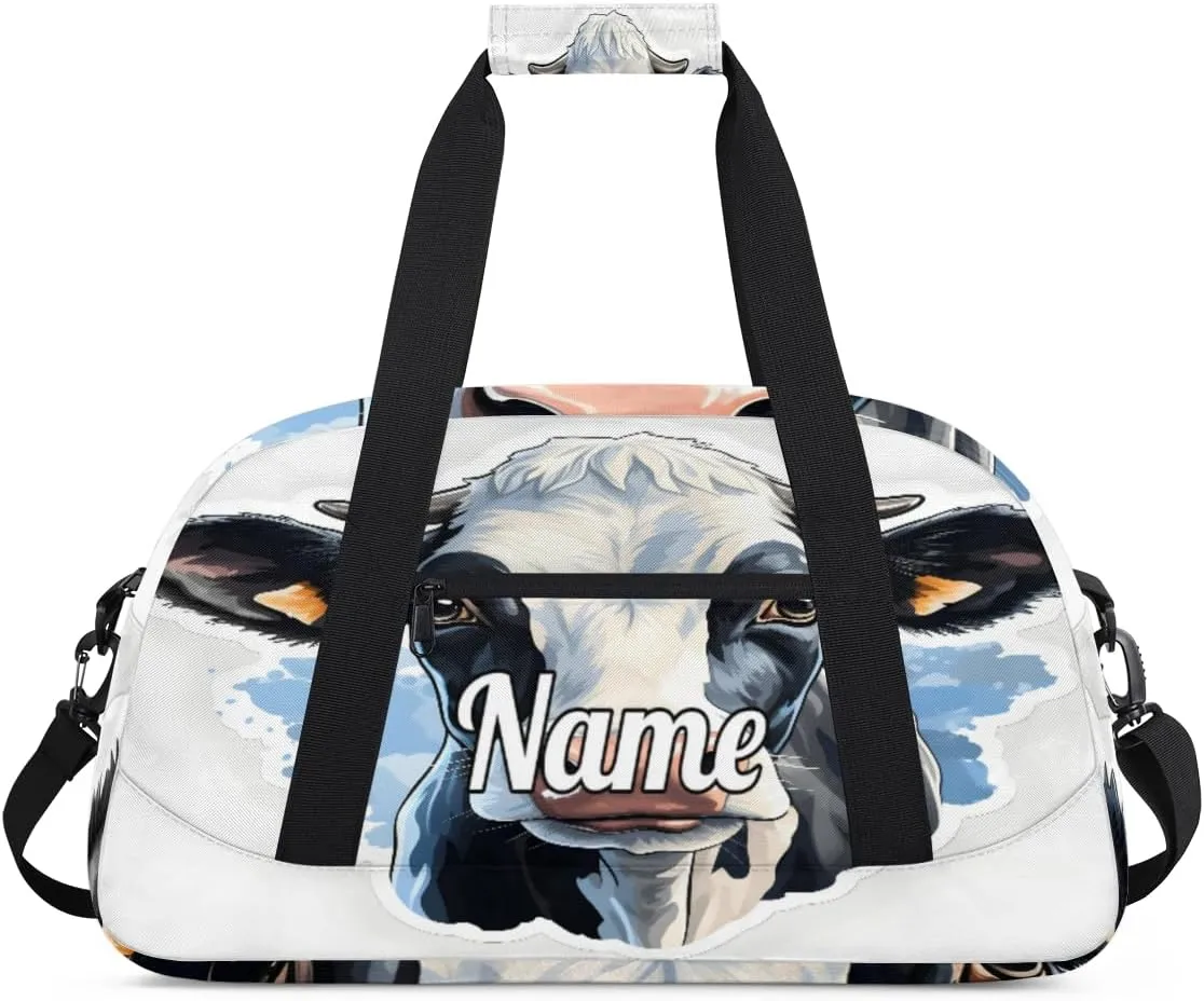 Cow Animal Custom Name Sport Duffel Bag Dance Bag for Girls Teens Personalized Ballet Bag Gift for Birthday Christmas Helloween