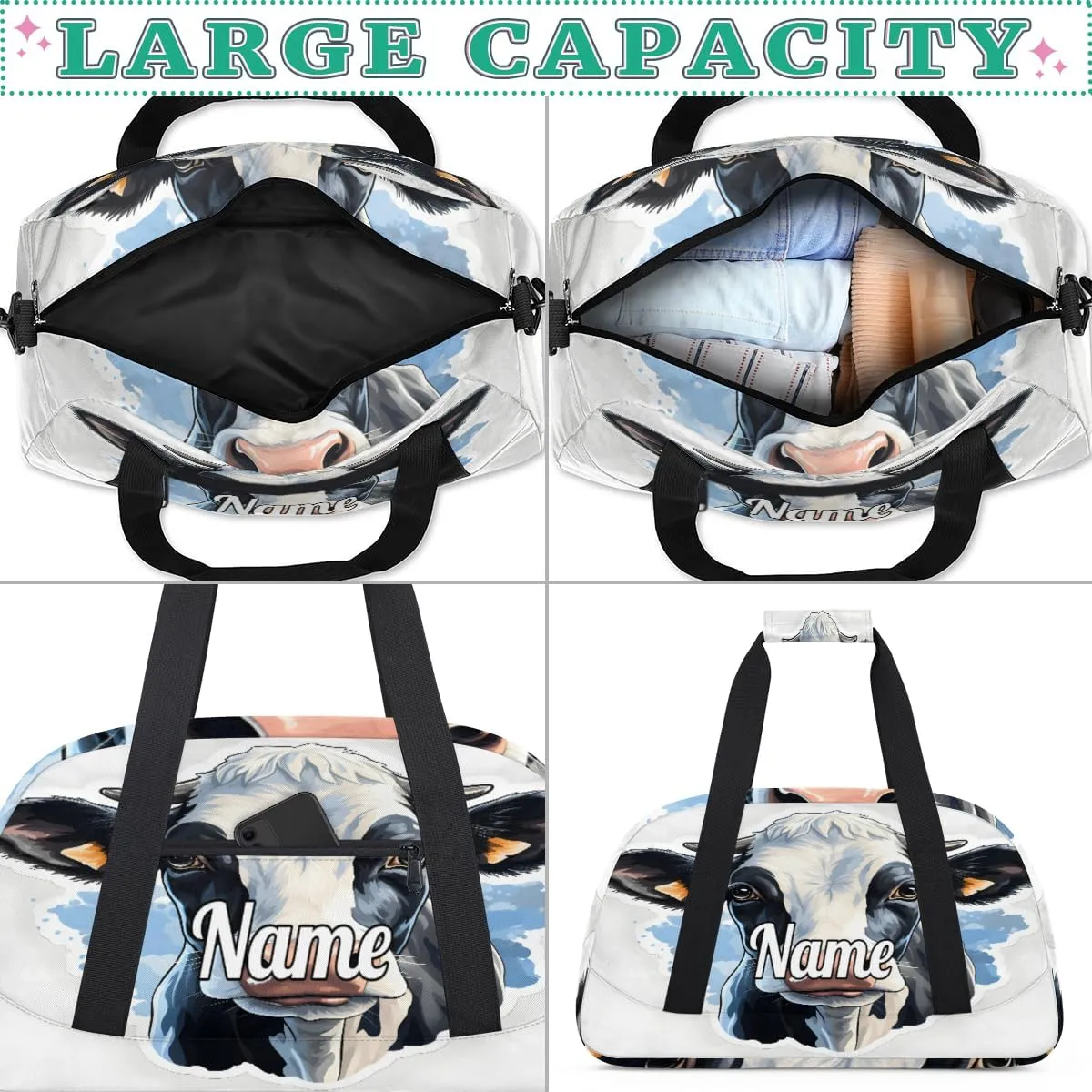 Cow Animal Custom Name Sport Duffel Bag Dance Bag for Girls Teens Personalized Ballet Bag Gift for Birthday Christmas Helloween
