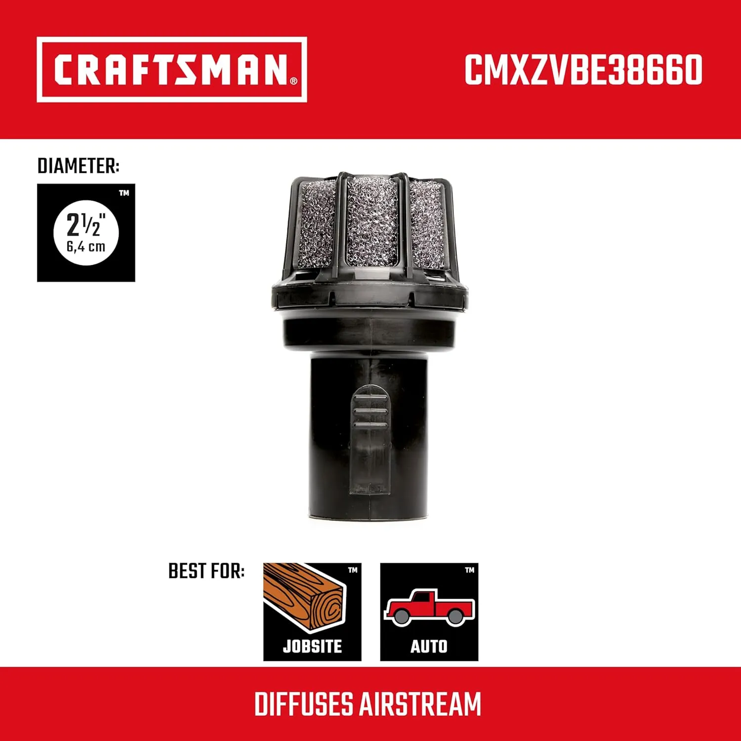 CRAFTSMAN CMXZVBE38660 2-1/2 in. Muffler Diffuser Wet Dry Vac Attachment, Industrial-Grade Shop Vacuum Accessory for Diffusing the Airstream While Cleaning, Fits 2-1/2 in. Hose Diameter
