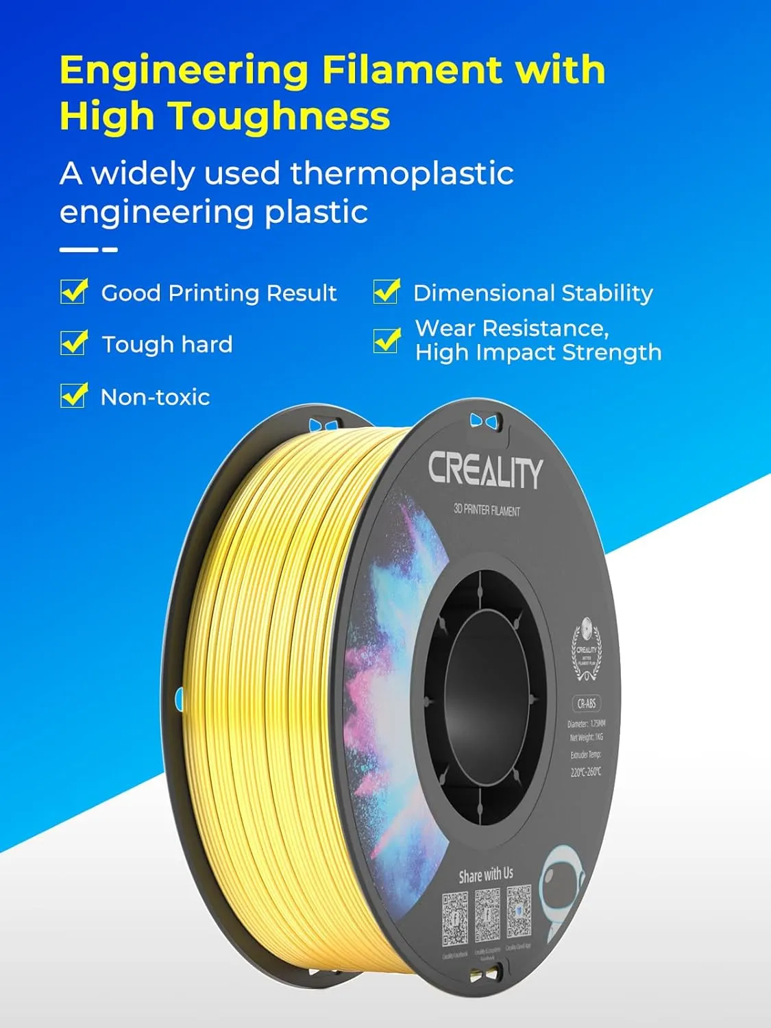 Creality ABS Filament 1.75, 3D Printer Filament, Excellent Resistance, Odorless Non-Toxic, Stability, Tough, 1kg(2.2lbs) Printing Filament 1.75mm for 3D Printer (Gray)
