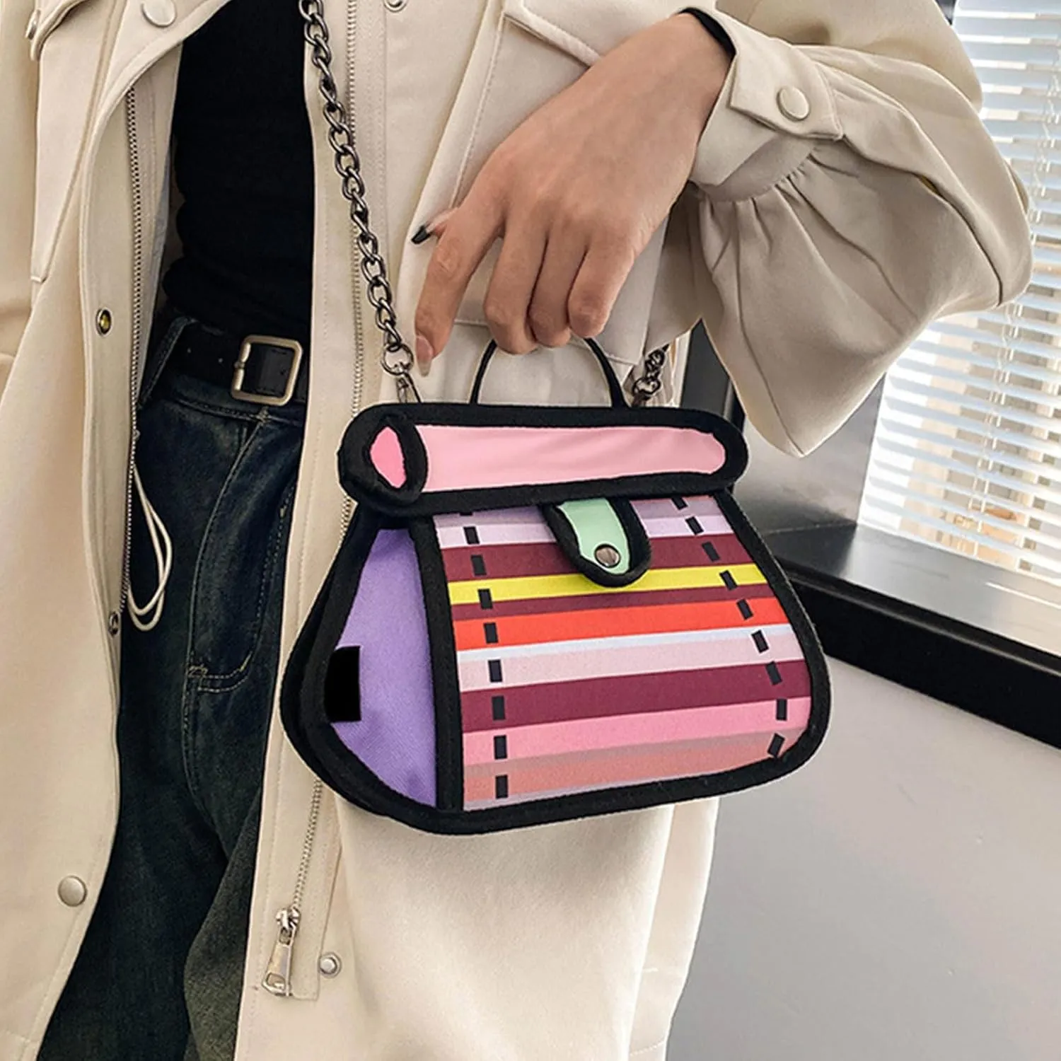 Creative 2D Cartoon Crossbody Bag for Women and Men with Unique Canvas Designs and Chain Strap Stylish Shoulder Bag