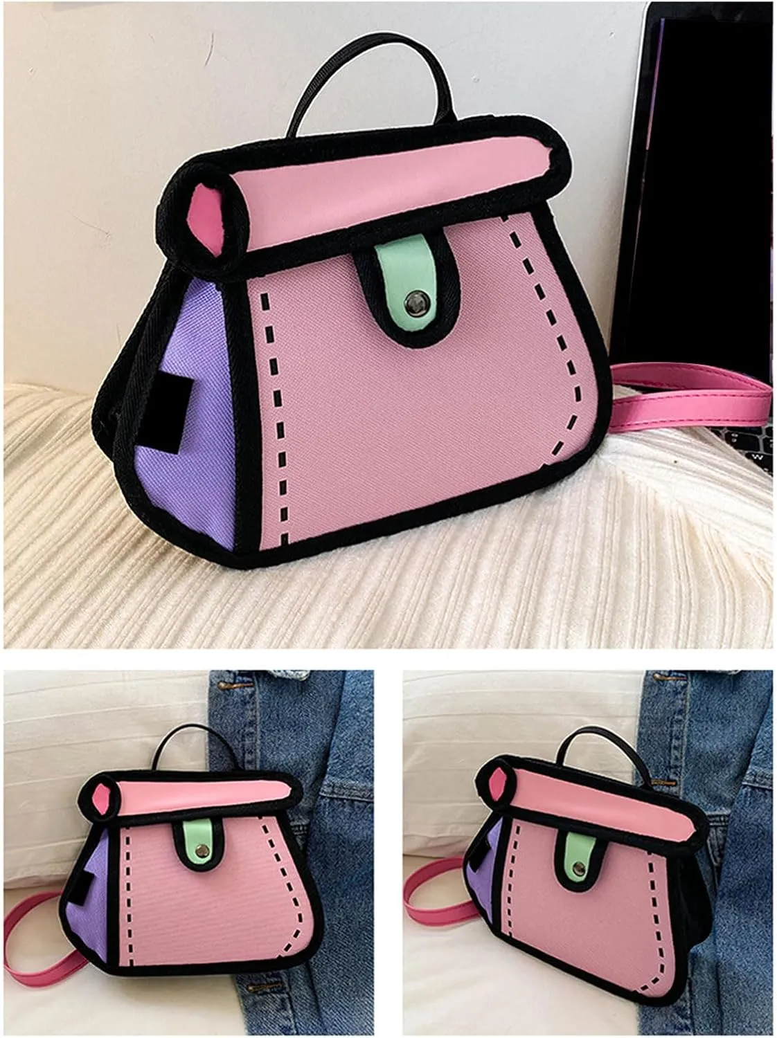 Creative 2D Cartoon Crossbody Bag for Women and Men with Unique Canvas Designs and Chain Strap Stylish Shoulder Bag