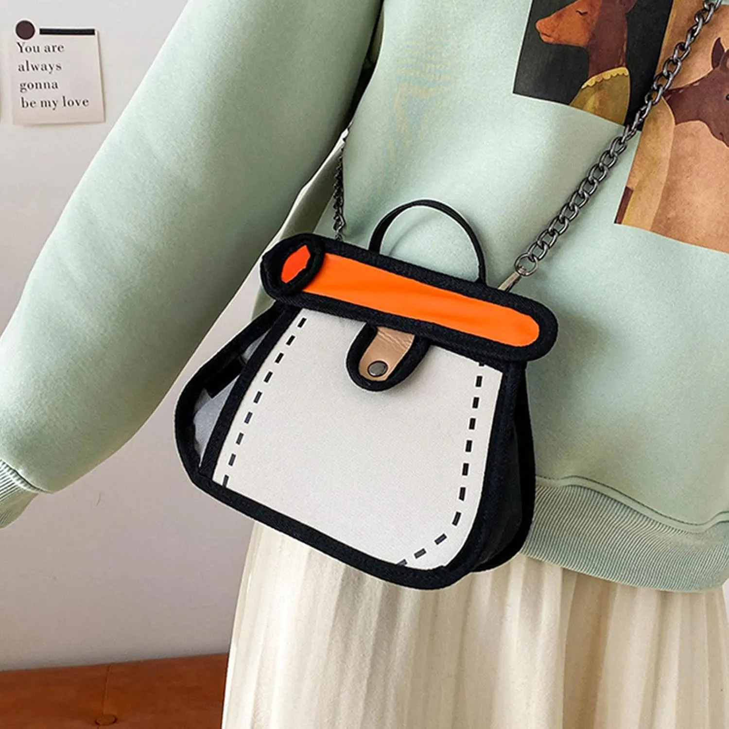 Creative 2D Cartoon Crossbody Bag for Women and Men with Unique Canvas Designs and Chain Strap Stylish Shoulder Bag