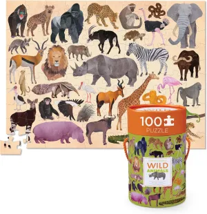 Crocodile Creek 100-Piece Jigsaw Puzzle for Kids Ages 5 and Up - Fun and Educational Table or Floor Puzzles - Storage Canister with Handle - Wild Animals - 14” x 19” Finished