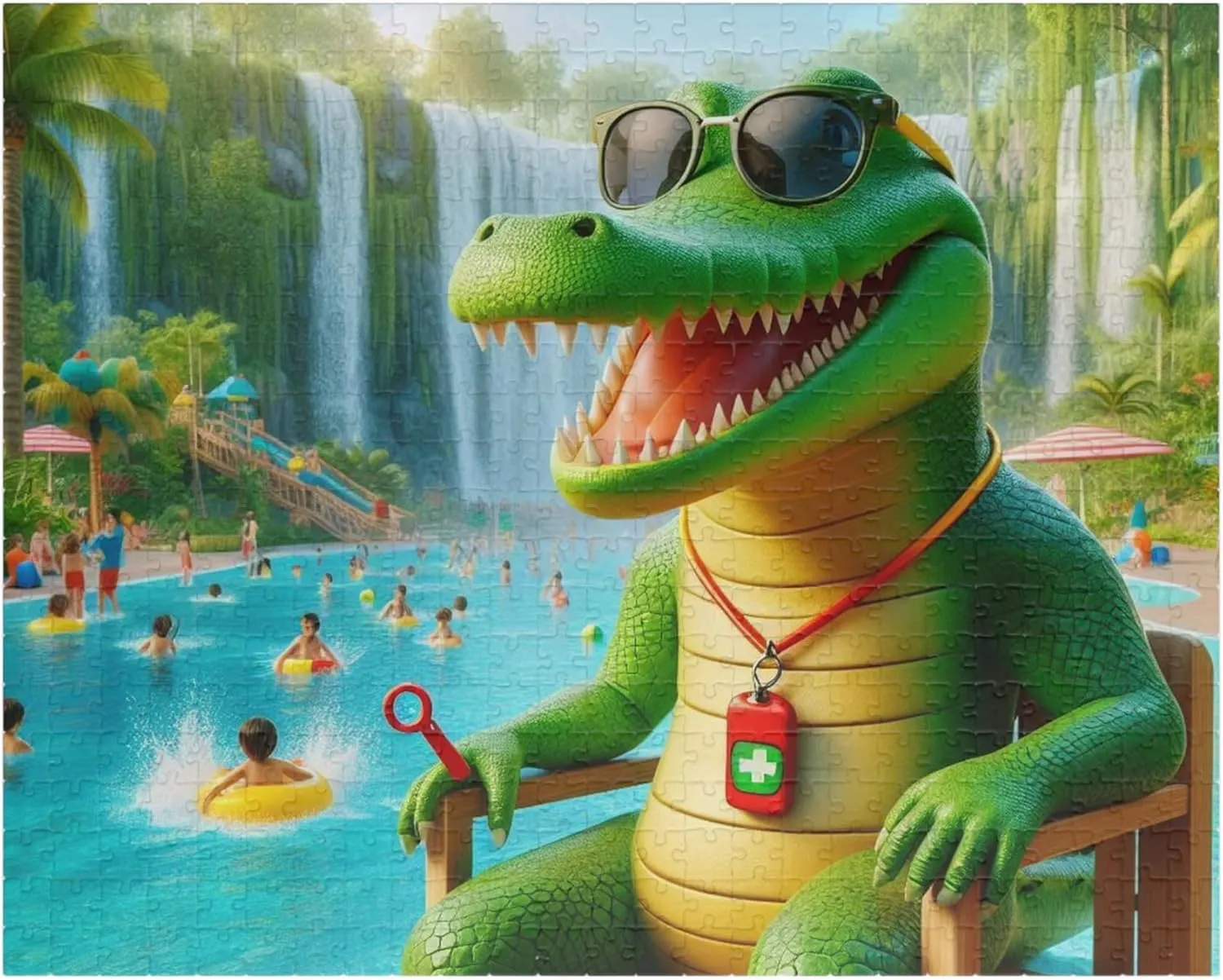 Crocodile Lifeguarding at a Jungle Waterpark Jigsaw Puzzle - Made in USA