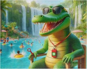 Crocodile Lifeguarding at a Jungle Waterpark Jigsaw Puzzle - Made in USA