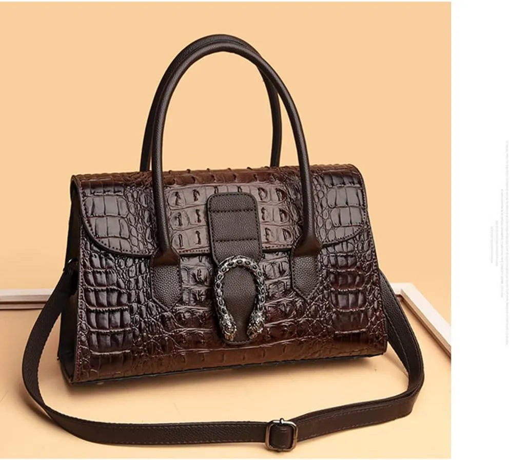 Crocodile Pattern Leather Top Handle Satchel Handbag for Women - Medium Fashion Ladies Shoulder Bag Tote Purse