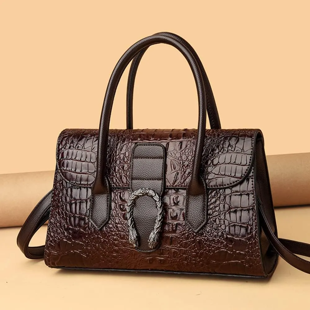 Crocodile Pattern Leather Top Handle Satchel Handbag for Women - Medium Fashion Ladies Shoulder Bag Tote Purse