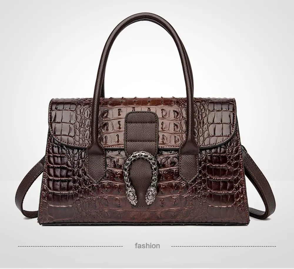 Crocodile Pattern Leather Top Handle Satchel Handbag for Women - Medium Fashion Ladies Shoulder Bag Tote Purse