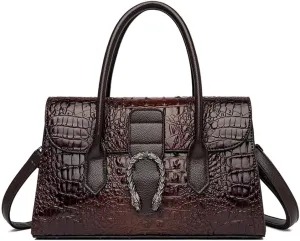 Crocodile Pattern Leather Top Handle Satchel Handbag for Women - Medium Fashion Ladies Shoulder Bag Tote Purse