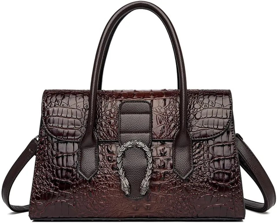 Crocodile Pattern Leather Top Handle Satchel Handbag for Women - Medium Fashion Ladies Shoulder Bag Tote Purse