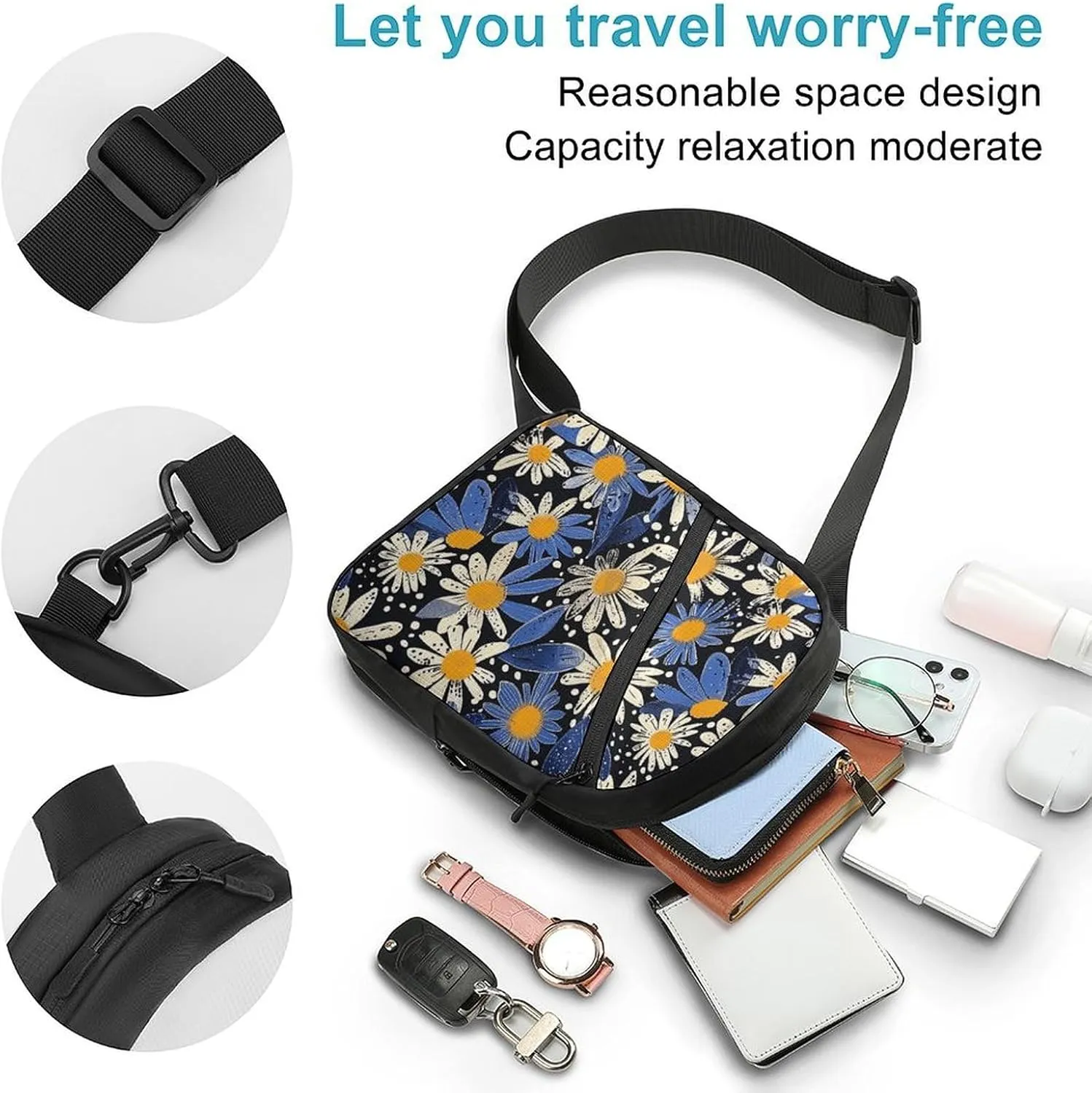Crossbody Bag for Women Men Chest Bag Pictures with Daisies Sling Bag Crossbody Shoulder Bag Sling Backpack