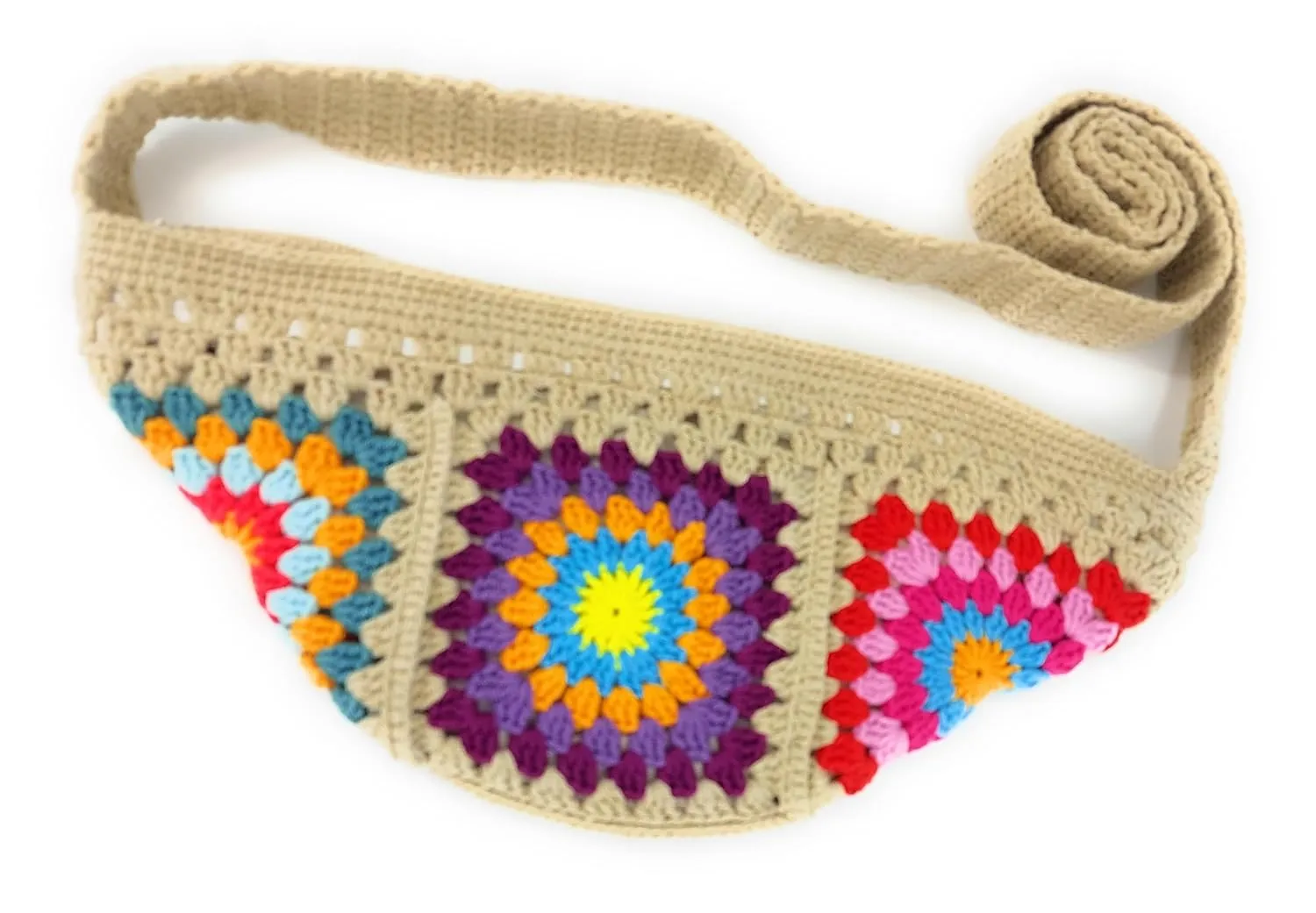 Crossbody Bag with Granny Square Design, 12" x 5", Fits Cell Phone and more. Handmade Crossbody/Shoulder bag with lining and zippper (beige) All About Hands
