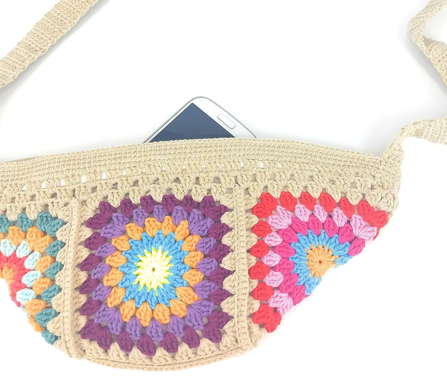 Crossbody Bag with Granny Square Design, 12" x 5", Fits Cell Phone and more. Handmade Crossbody/Shoulder bag with lining and zippper (beige) All About Hands