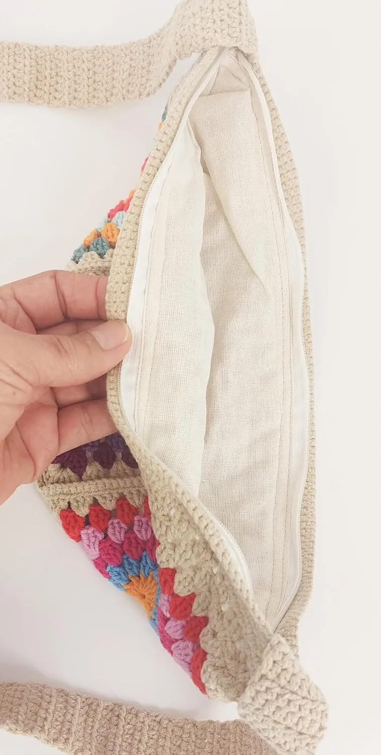 Crossbody Bag with Granny Square Design, 12" x 5", Fits Cell Phone and more. Handmade Crossbody/Shoulder bag with lining and zippper (beige) All About Hands