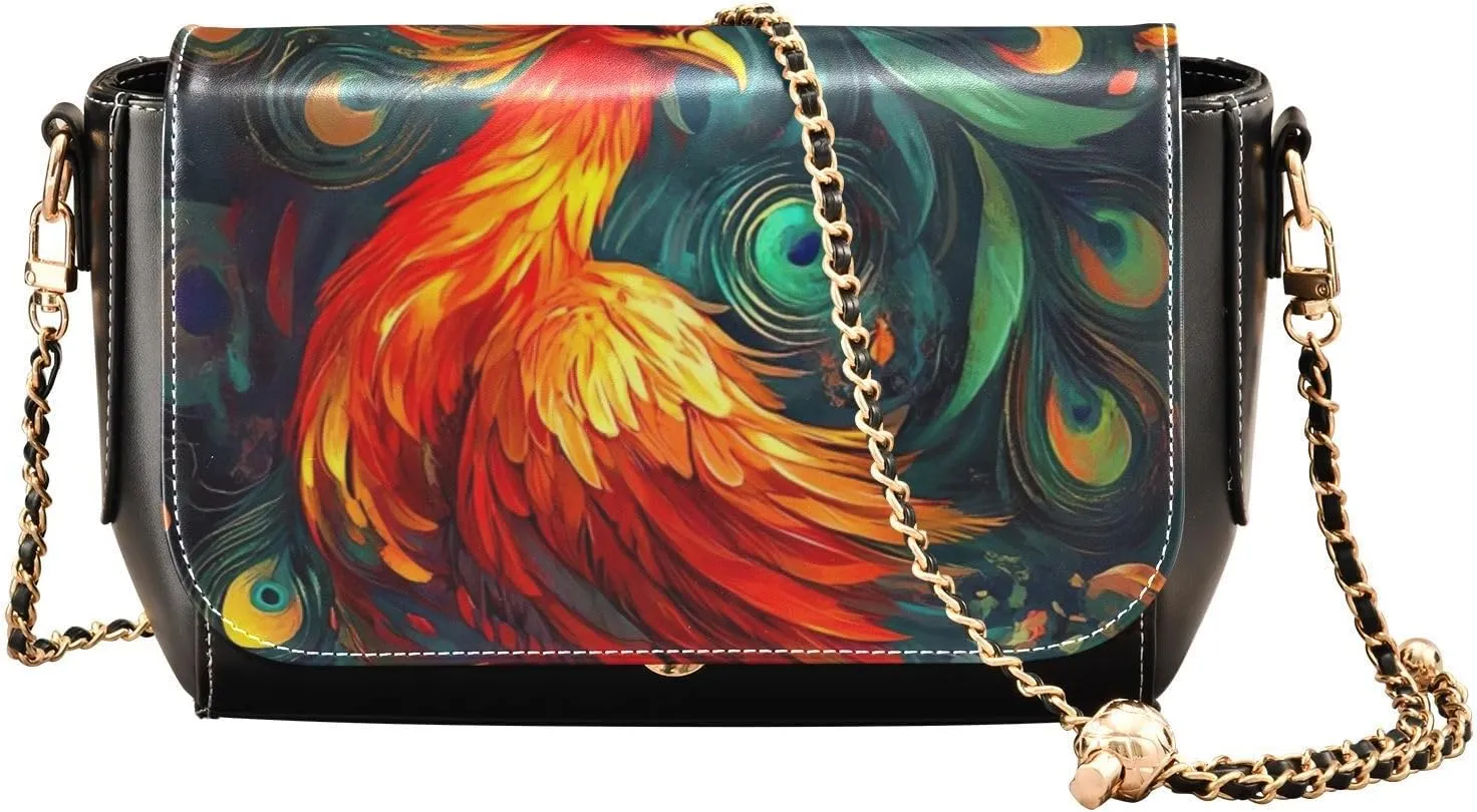 Crossbody Bags For Women Phoenix Orange Red Feathers PU Leather Purse Handbag Adjustable Chain 20858557