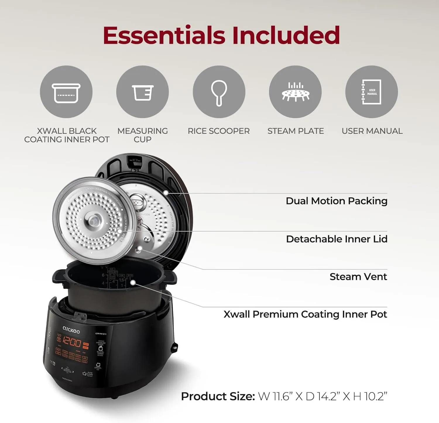 Cuckoo High 6 Cup Electric Heating Pressure Rice Cooker & Warmer – 12 Built-in Programs Including Glutinous (White), Mixed, Brown, GABA, Black Copper