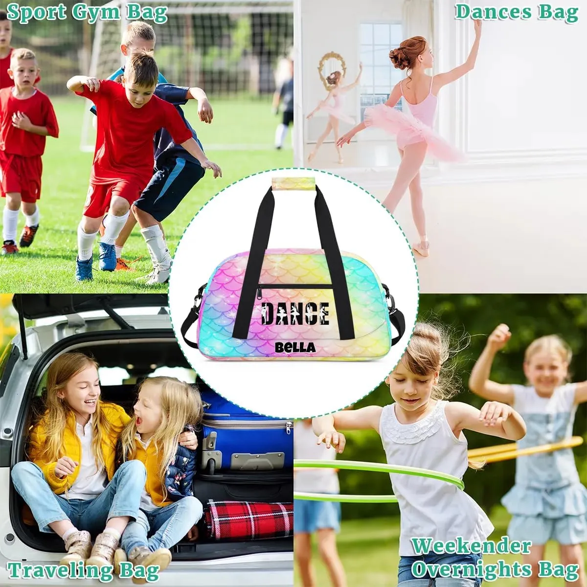Custom Dance Gym Bag Ballet Personalized Name Sport Duffel Bag for Girls Carry On Overnight Weekender Travel Bag Training Bags, Colorful Mermaid Scales