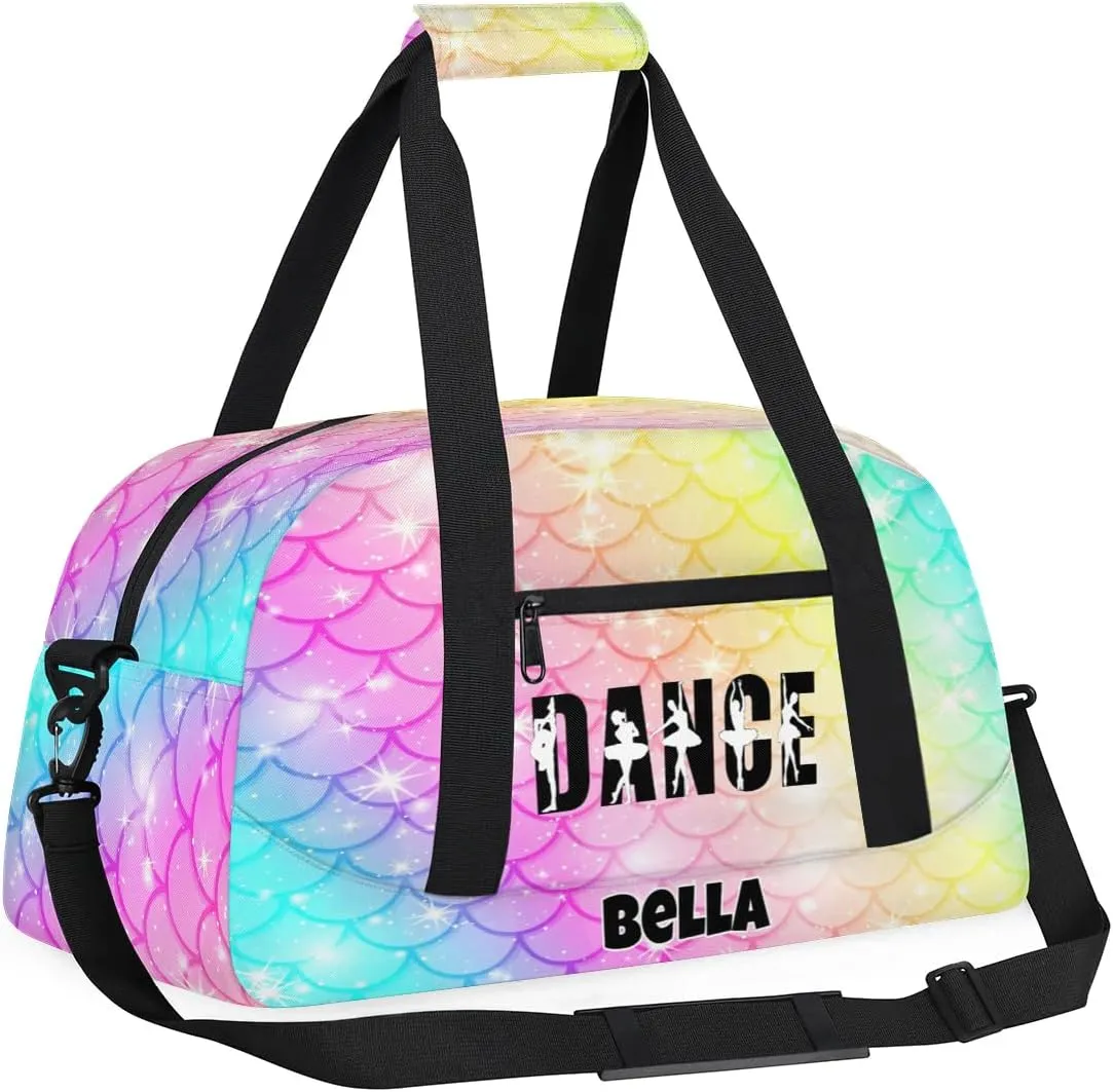 Custom Dance Gym Bag Ballet Personalized Name Sport Duffel Bag for Girls Carry On Overnight Weekender Travel Bag Training Bags, Colorful Mermaid Scales