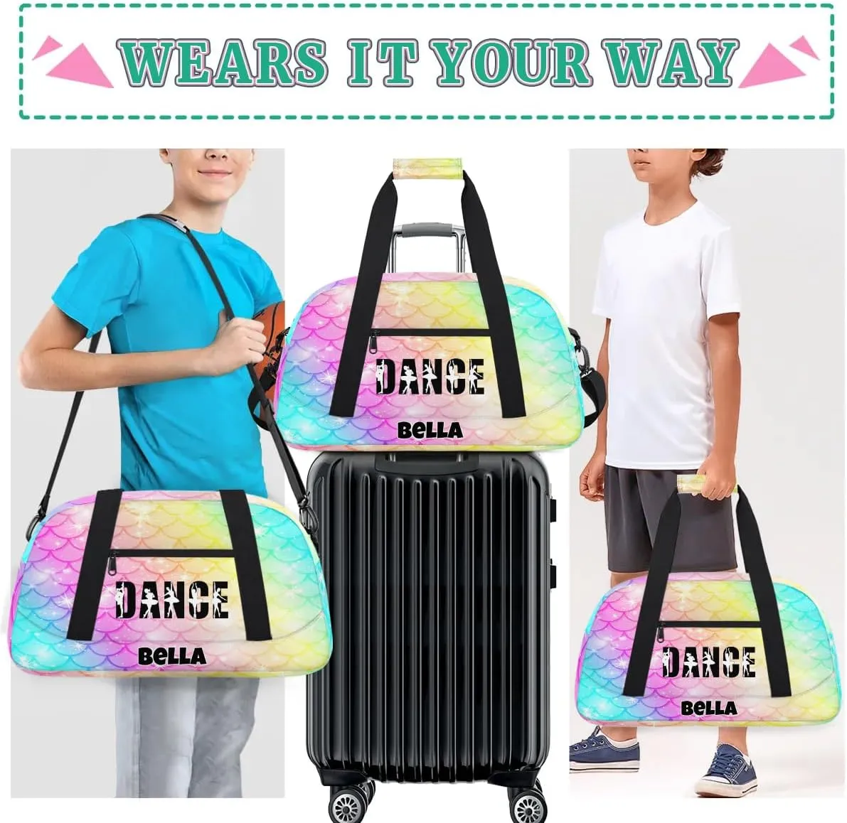 Custom Dance Gym Bag Ballet Personalized Name Sport Duffel Bag for Girls Carry On Overnight Weekender Travel Bag Training Bags, Colorful Mermaid Scales