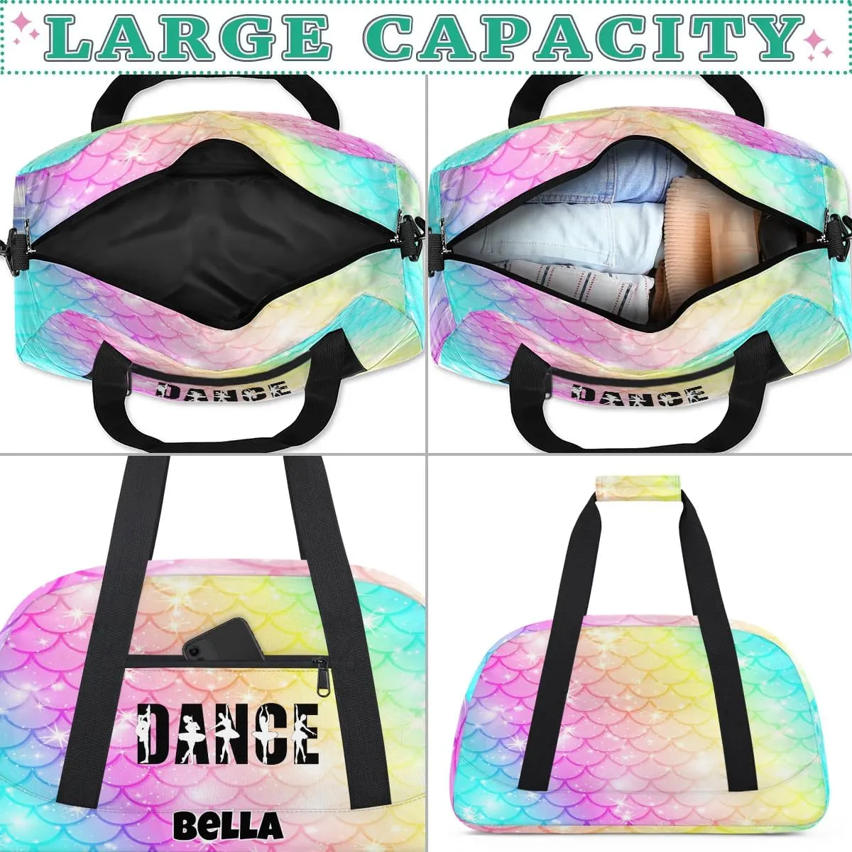 Custom Dance Gym Bag Ballet Personalized Name Sport Duffel Bag for Girls Carry On Overnight Weekender Travel Bag Training Bags, Colorful Mermaid Scales