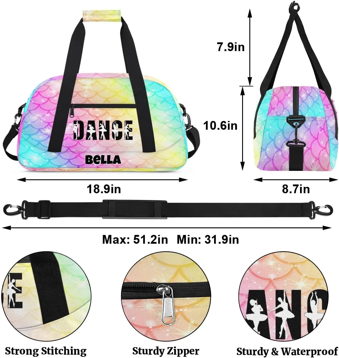 Custom Dance Gym Bag Ballet Personalized Name Sport Duffel Bag for Girls Carry On Overnight Weekender Travel Bag Training Bags, Colorful Mermaid Scales