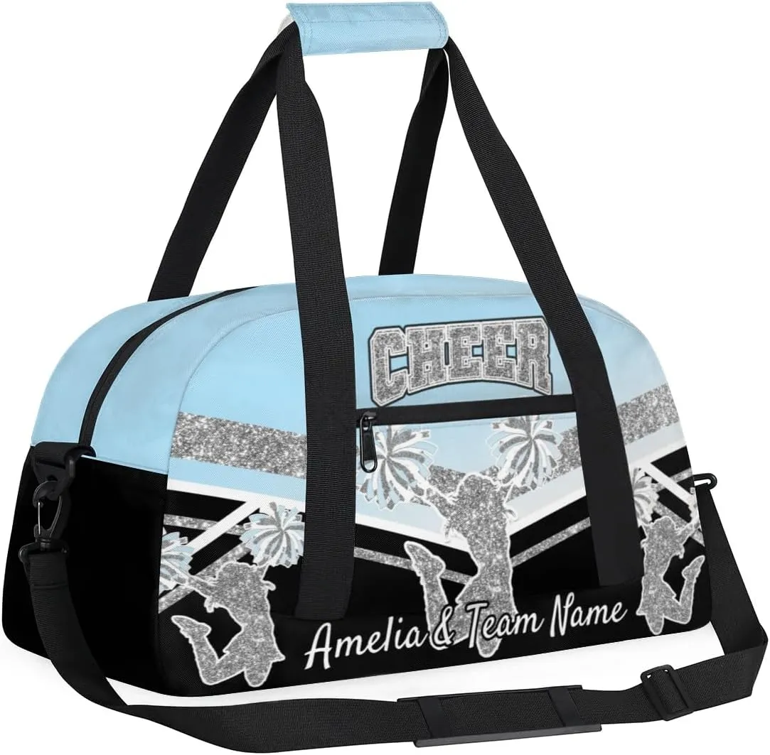 Custom Gym Bag for Women Personalized Cheer Team Sports Duffel Bag Lightweight Cheerleaders Weekender Overnight Travel Duffel Bag Light Blue White