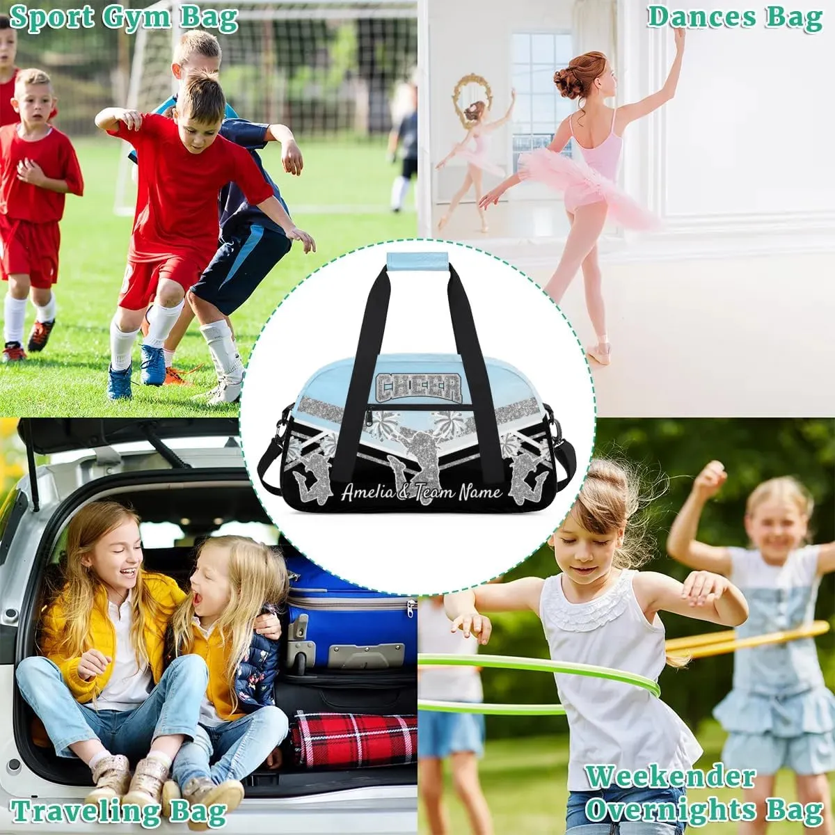 Custom Gym Bag for Women Personalized Cheer Team Sports Duffel Bag Lightweight Cheerleaders Weekender Overnight Travel Duffel Bag Light Blue White