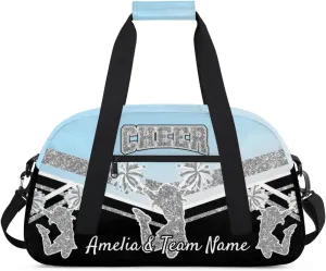Custom Gym Bag for Women Personalized Cheer Team Sports Duffel Bag Lightweight Cheerleaders Weekender Overnight Travel Duffel Bag Light Blue White