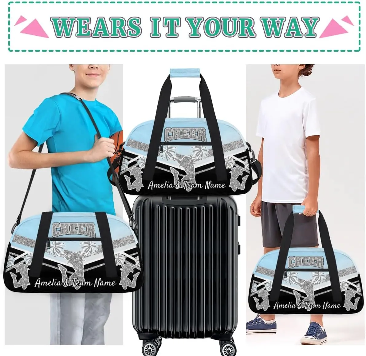 Custom Gym Bag for Women Personalized Cheer Team Sports Duffel Bag Lightweight Cheerleaders Weekender Overnight Travel Duffel Bag Light Blue White