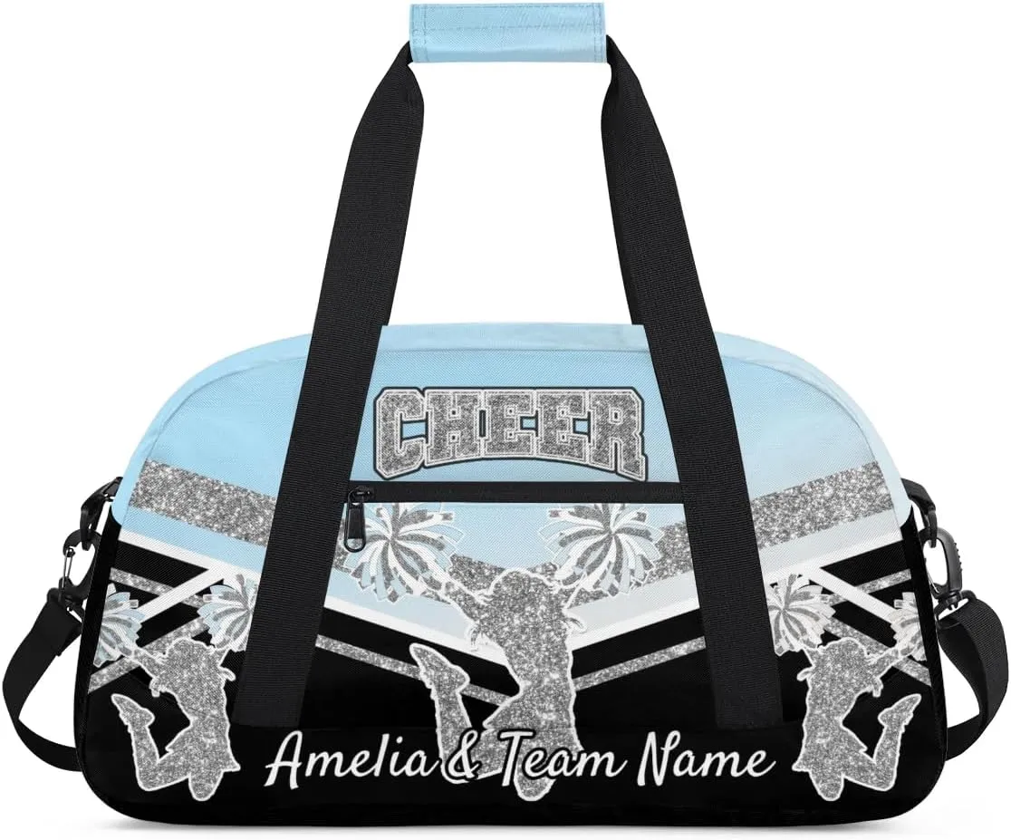 Custom Gym Bag for Women Personalized Cheer Team Sports Duffel Bag Lightweight Cheerleaders Weekender Overnight Travel Duffel Bag Light Blue White