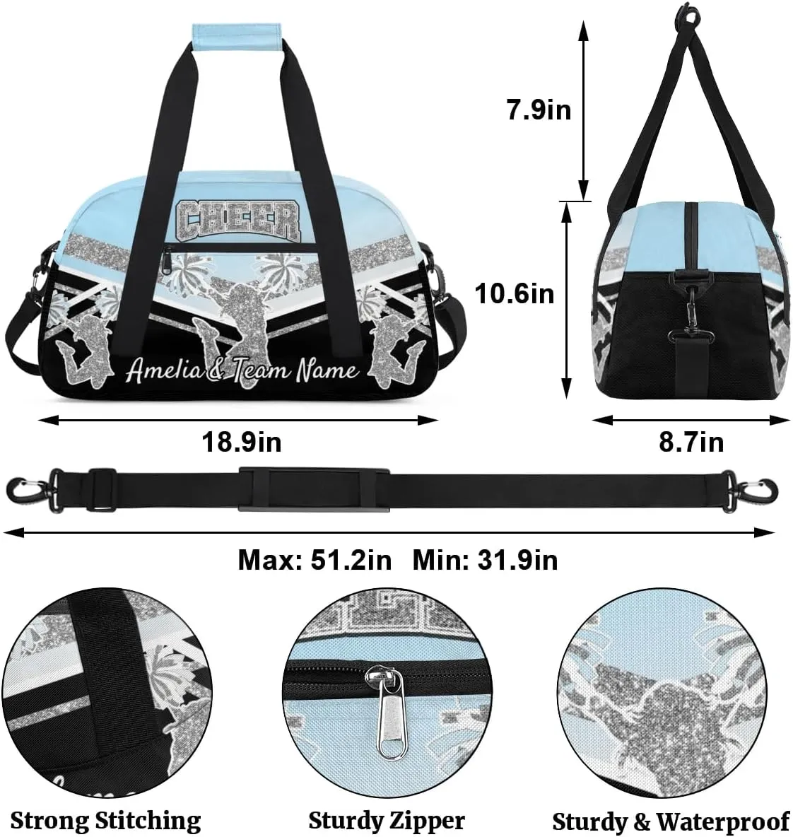 Custom Gym Bag for Women Personalized Cheer Team Sports Duffel Bag Lightweight Cheerleaders Weekender Overnight Travel Duffel Bag Light Blue White