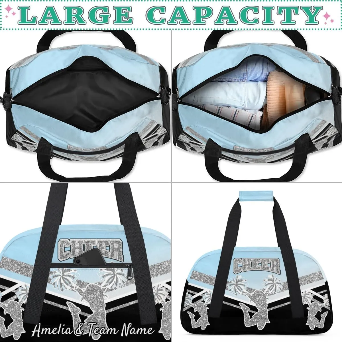 Custom Gym Bag for Women Personalized Cheer Team Sports Duffel Bag Lightweight Cheerleaders Weekender Overnight Travel Duffel Bag Light Blue White