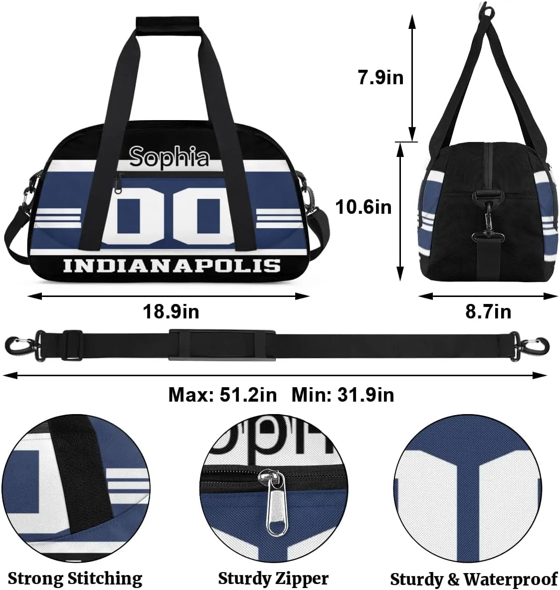 Custom Name American Football Sports Bag, Personalized Rugby Balls Sports Gym Duffel Bag, Travel Weekender Tote Carry-On Training Perform Bag, Indianapolis