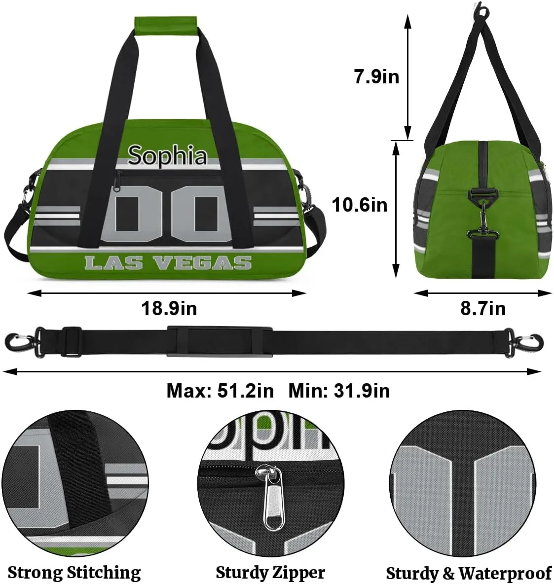 Custom Name American Football Sports Bag, Personalized Rugby Balls Sports Gym Duffel Bag, Travel Weekender Tote Carry-On Training Perform Bag, Las Vegas