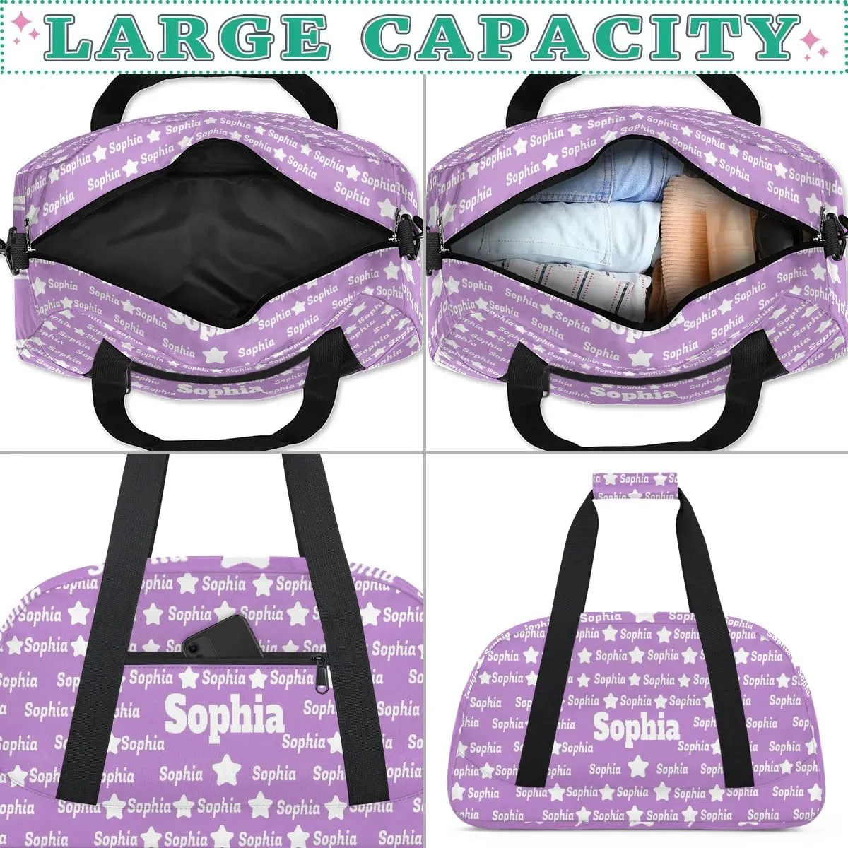 Custom Name Gym Dance Bag for Girls, Personalized Sports Bag Light Lavender Purple for Teens Girls Waterproof Weekender Carry Practice Travel Bag, The Bag is full of Names