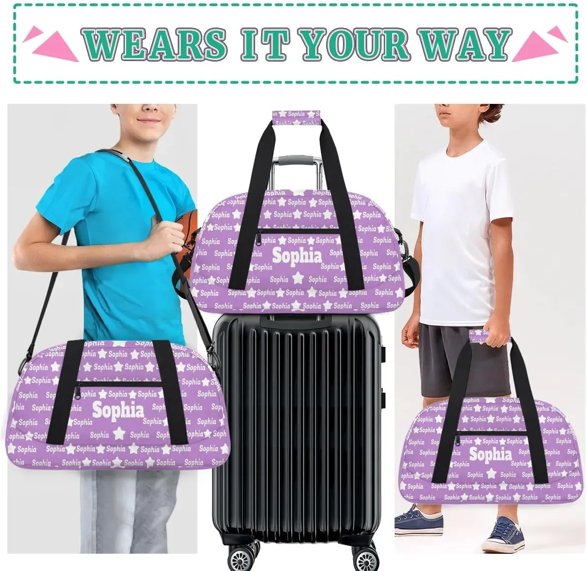 Custom Name Gym Dance Bag for Girls, Personalized Sports Bag Light Lavender Purple for Teens Girls Waterproof Weekender Carry Practice Travel Bag, The Bag is full of Names
