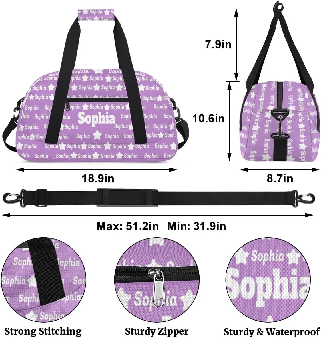 Custom Name Gym Dance Bag for Girls, Personalized Sports Bag Light Lavender Purple for Teens Girls Waterproof Weekender Carry Practice Travel Bag, The Bag is full of Names