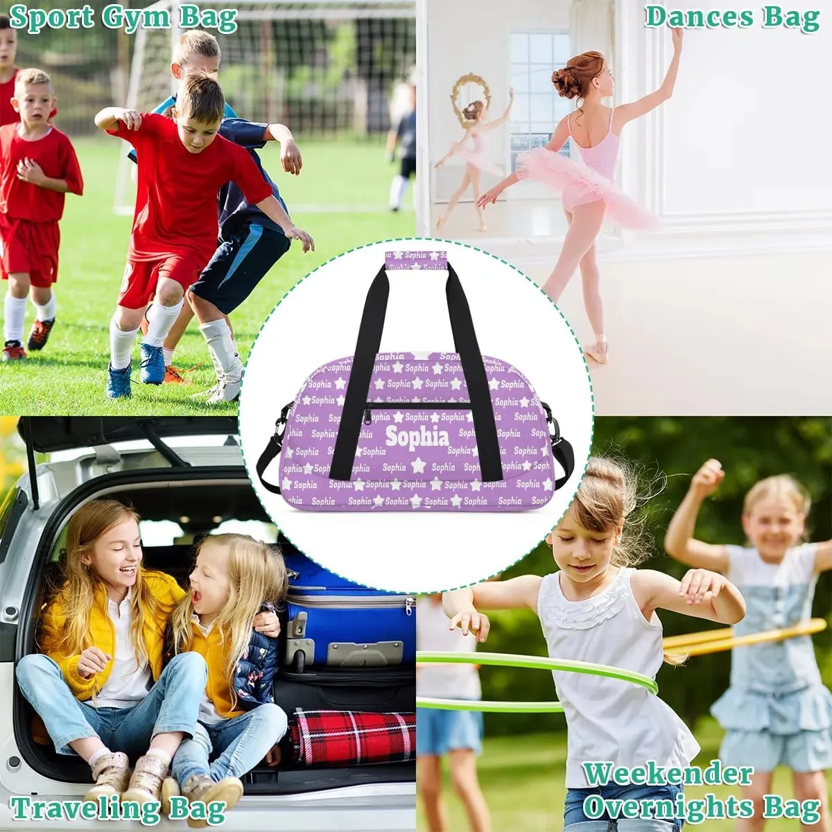 Custom Name Gym Dance Bag for Girls, Personalized Sports Bag Light Lavender Purple for Teens Girls Waterproof Weekender Carry Practice Travel Bag, The Bag is full of Names