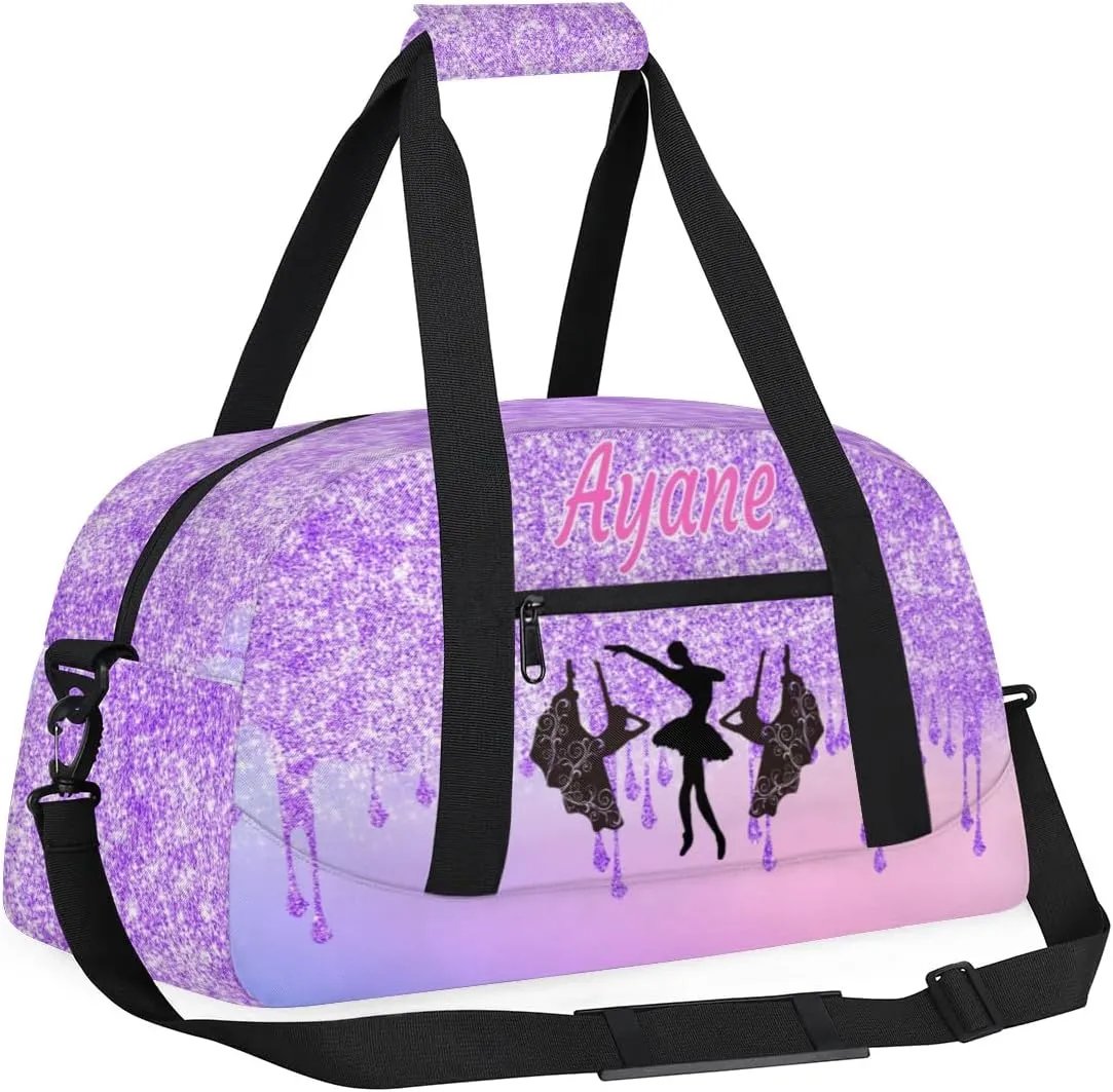 Custom Name Sport Bag Dancing Gym Duffel Bag, Personalized Name Dance Bag Customized Travel Bling Orchid Purple Glitter Duffle Bag