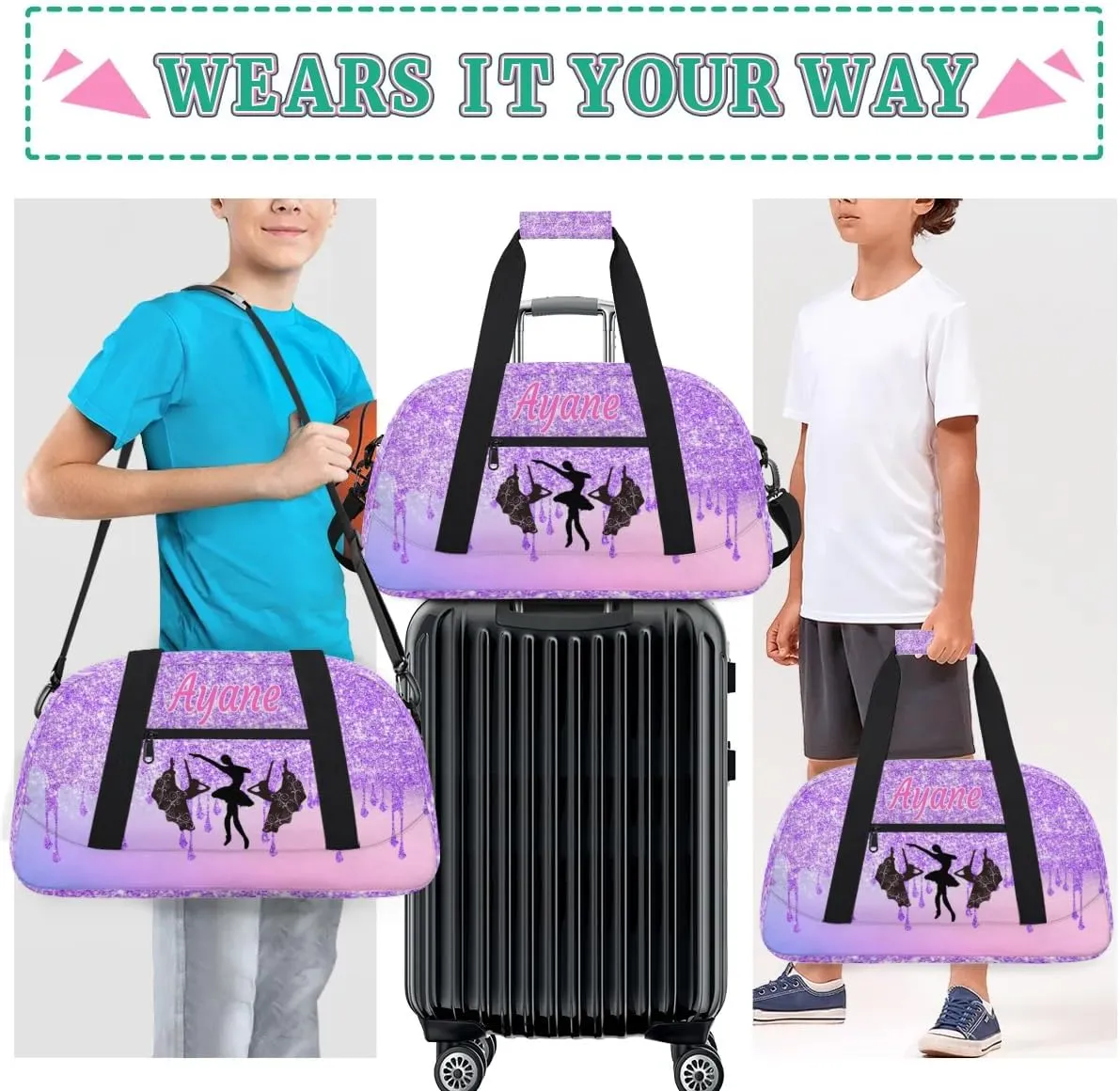 Custom Name Sport Bag Dancing Gym Duffel Bag, Personalized Name Dance Bag Customized Travel Bling Orchid Purple Glitter Duffle Bag