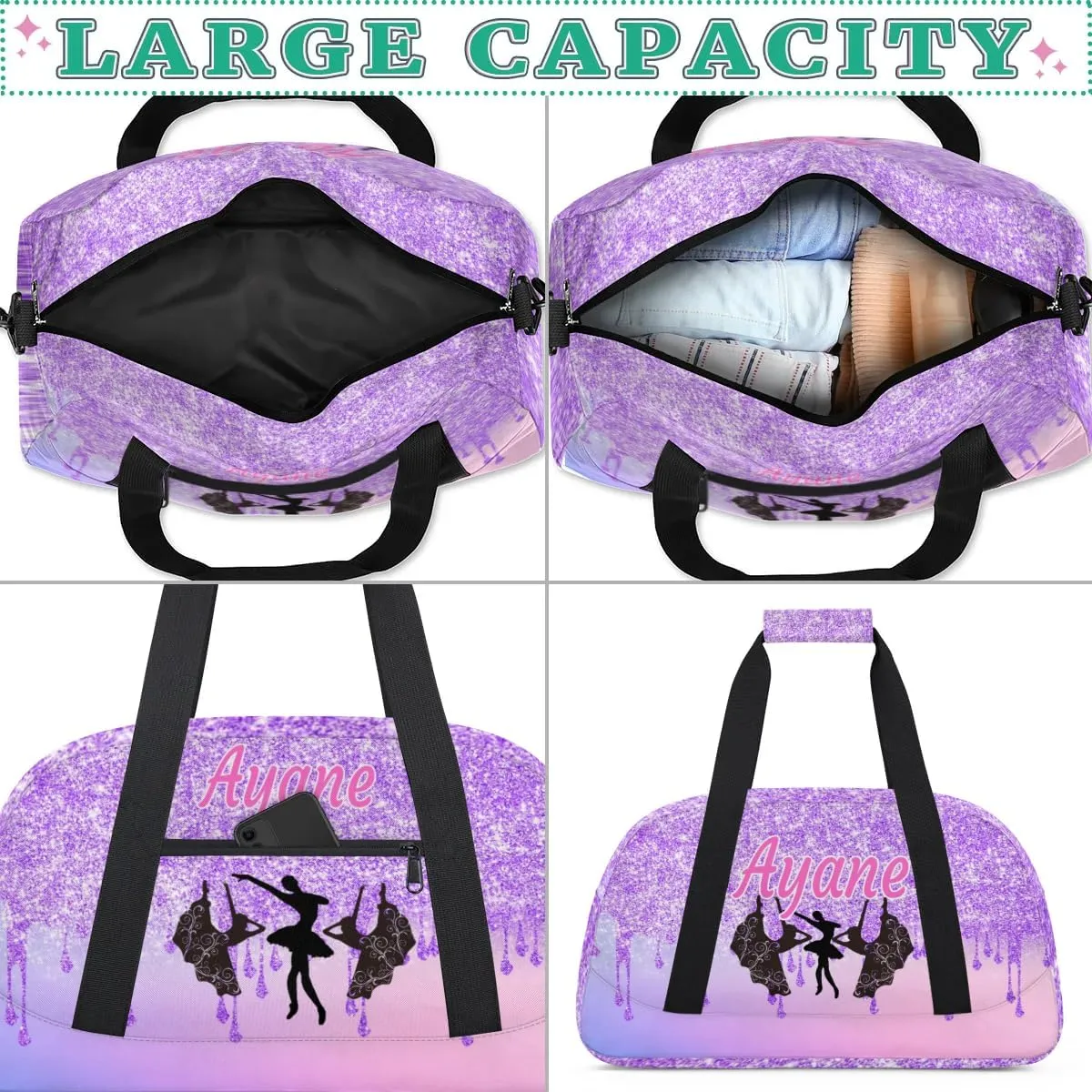 Custom Name Sport Bag Dancing Gym Duffel Bag, Personalized Name Dance Bag Customized Travel Bling Orchid Purple Glitter Duffle Bag