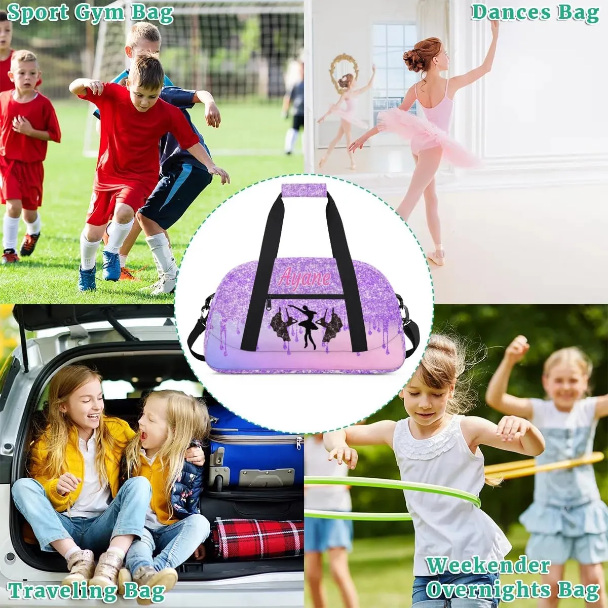 Custom Name Sport Bag Dancing Gym Duffel Bag, Personalized Name Dance Bag Customized Travel Bling Orchid Purple Glitter Duffle Bag