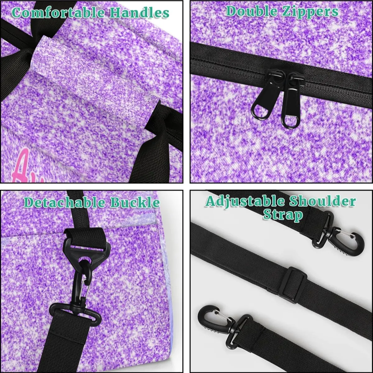 Custom Name Sport Bag Dancing Gym Duffel Bag, Personalized Name Dance Bag Customized Travel Bling Orchid Purple Glitter Duffle Bag