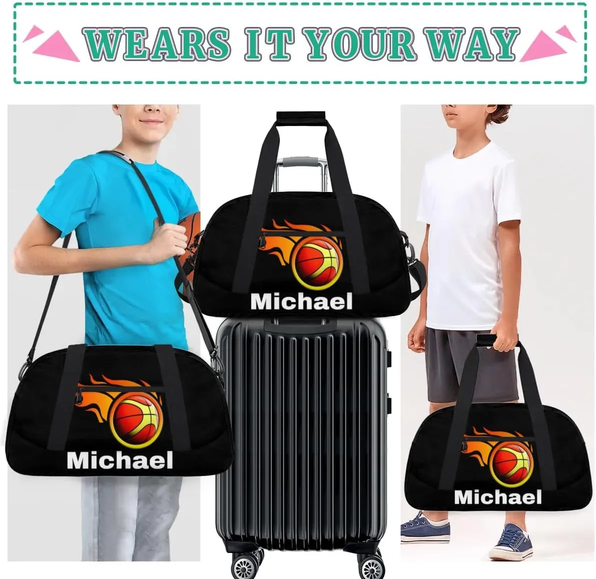 Custom Name Sports Bag, Personalized Balls Sports Gym Duffel Bag, Travel Weekender Tote Carry-On Training Perform Bag, Black