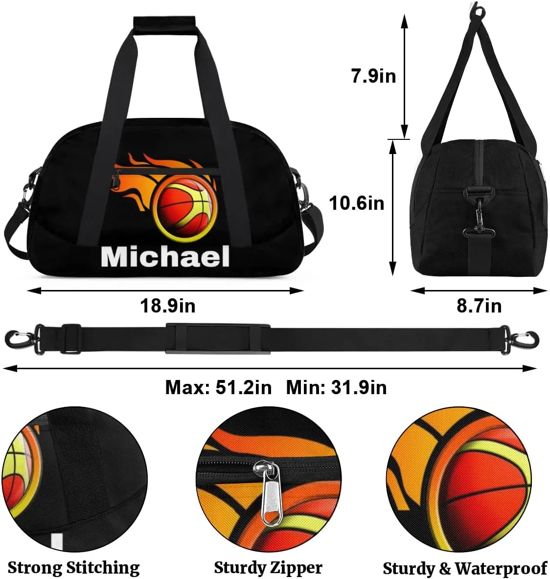 Custom Name Sports Bag, Personalized Balls Sports Gym Duffel Bag, Travel Weekender Tote Carry-On Training Perform Bag, Black
