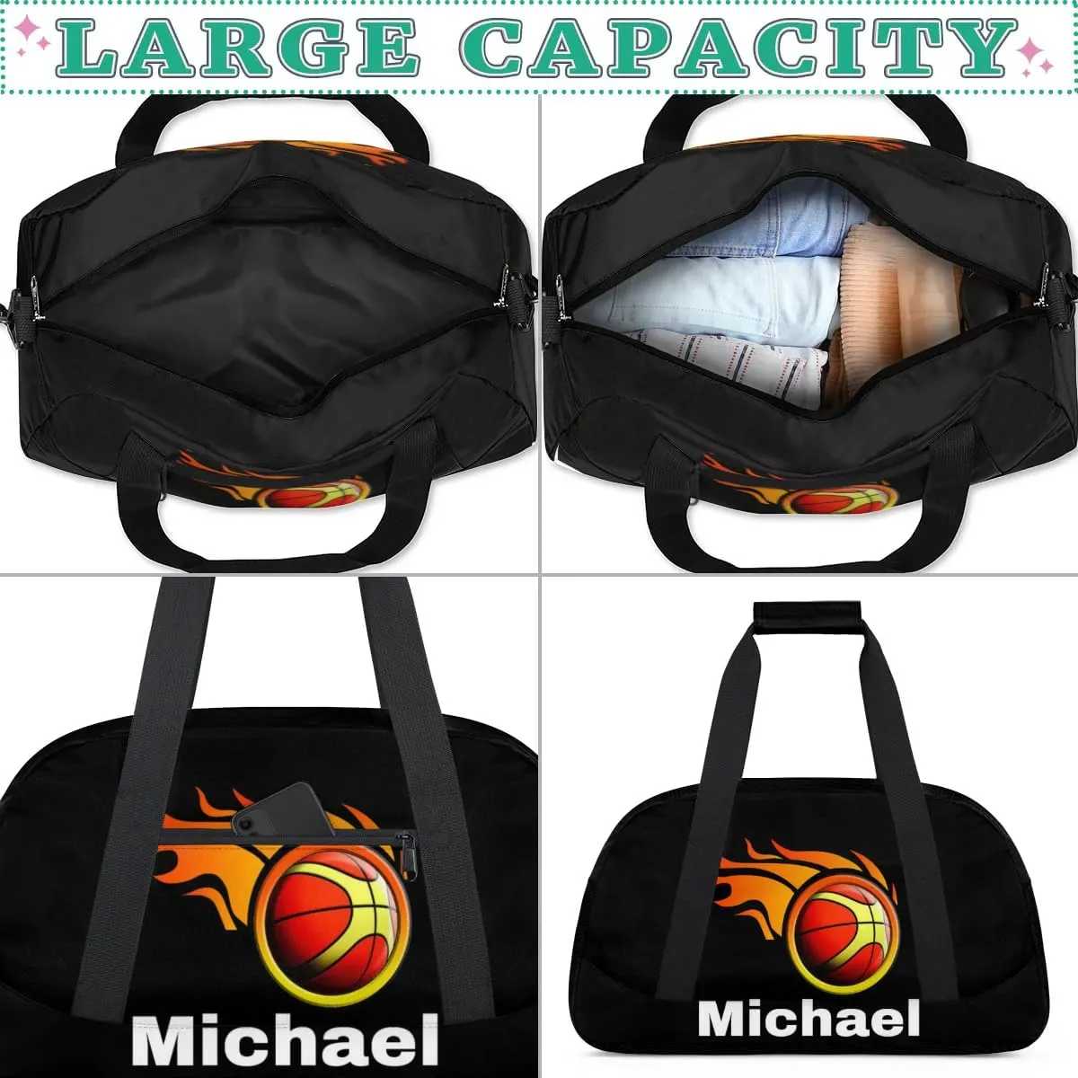 Custom Name Sports Bag, Personalized Balls Sports Gym Duffel Bag, Travel Weekender Tote Carry-On Training Perform Bag, Black