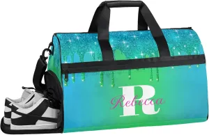 Custom Name Sports Bag Personalized Gym Bag with Shoes Compartment for Women Men Overnight Weekender Travel Duffel Bags, Blue Green