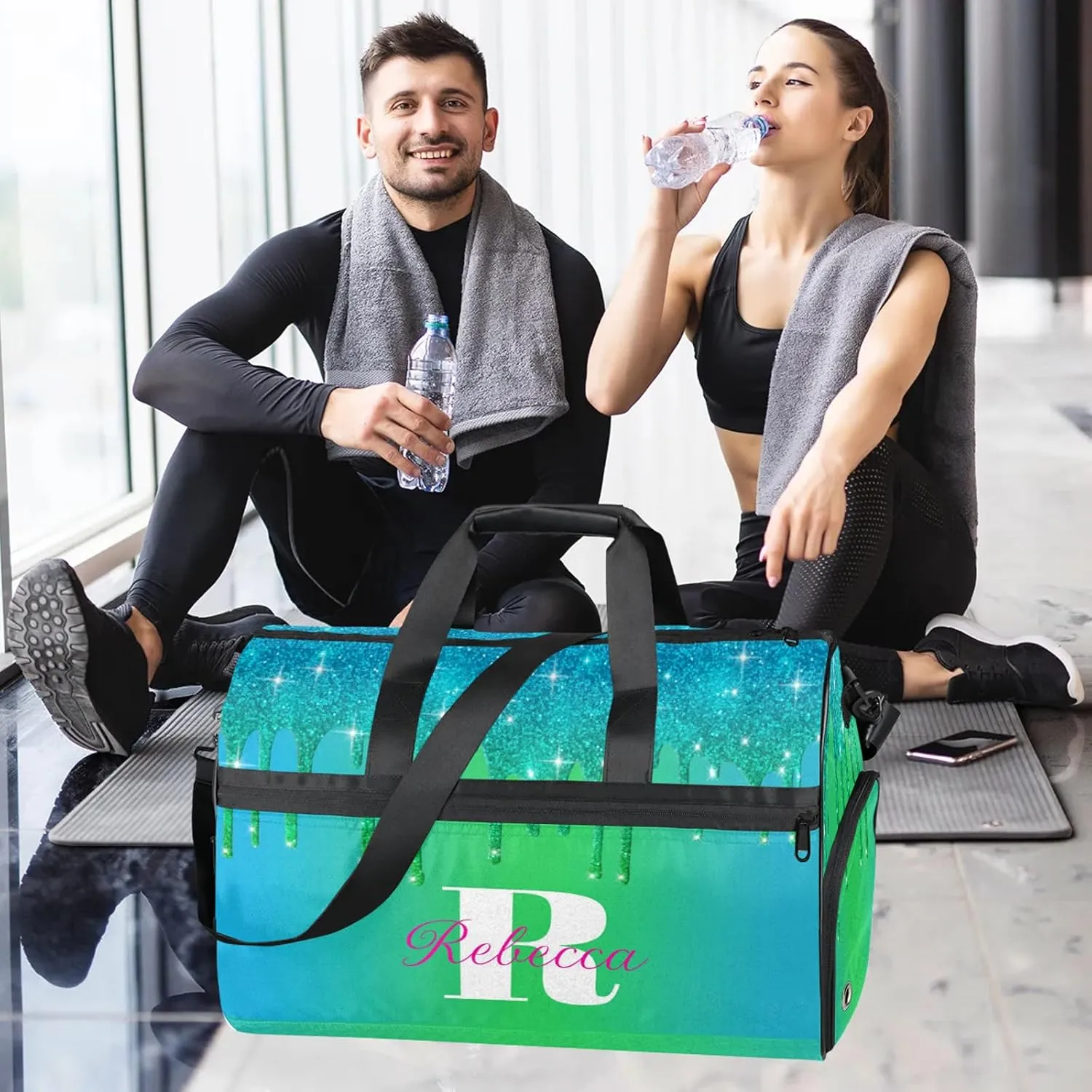 Custom Name Sports Bag Personalized Gym Bag with Shoes Compartment for Women Men Overnight Weekender Travel Duffel Bags, Blue Green